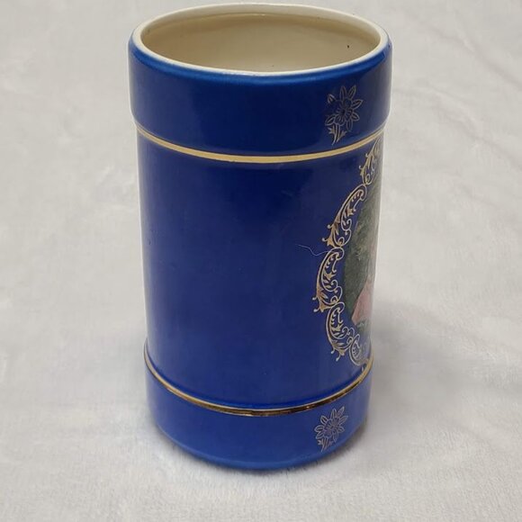 Enesco Cobalt Blue Painted Art Vase Jar Victorian Mandolin Serenade Gold Trim - Picture 3 of 13